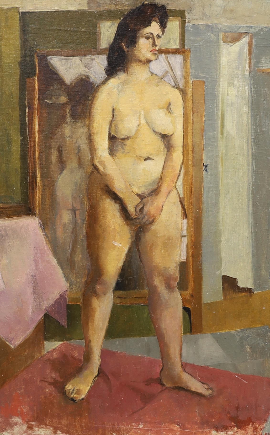 In the manner of Laura Knight (1877-1970), oil on board, Full length study of a nude woman, 75 x 49cm